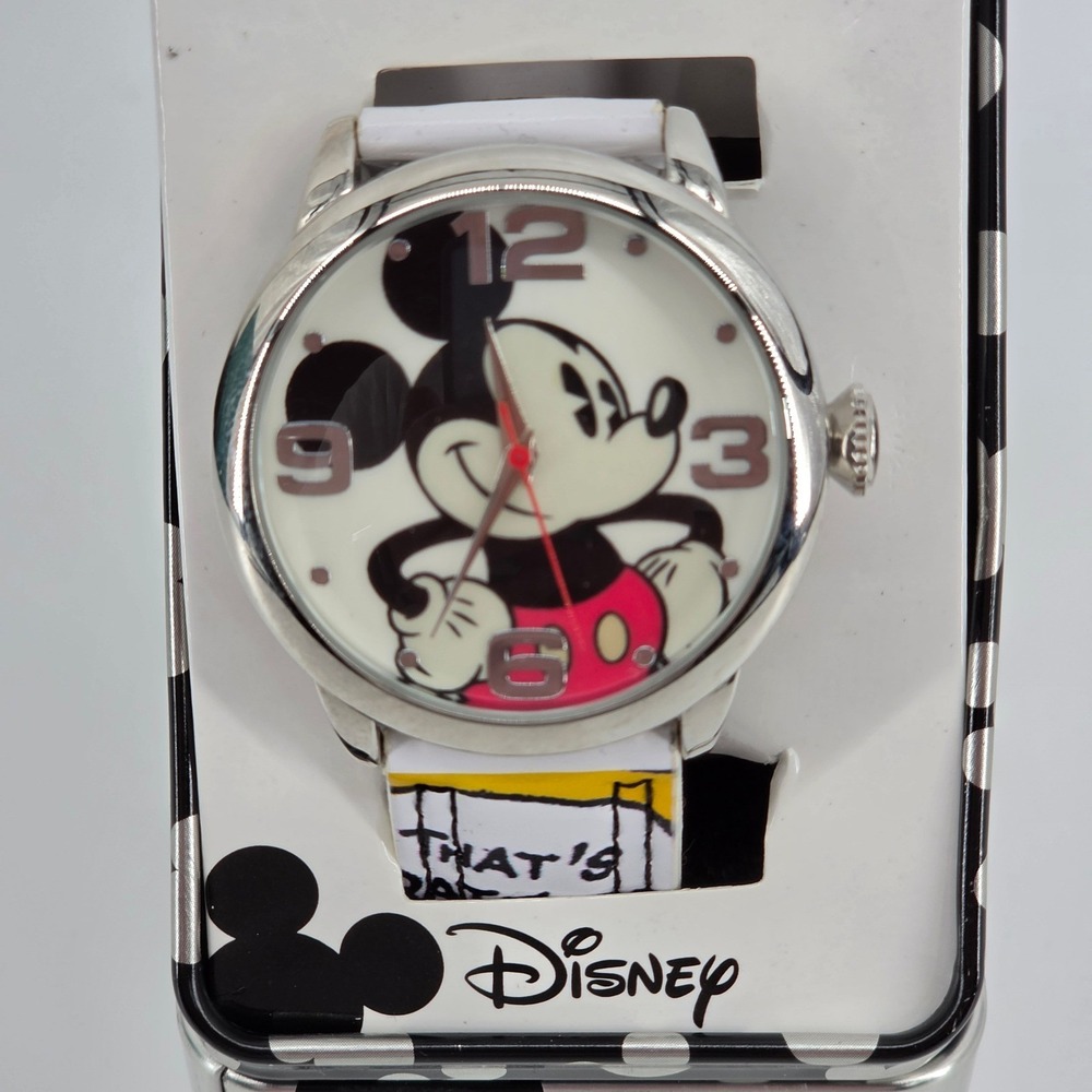 Disney Mickey Mouse Watch M.Z. Berger Silver Tone Graphic Strap New in Tin